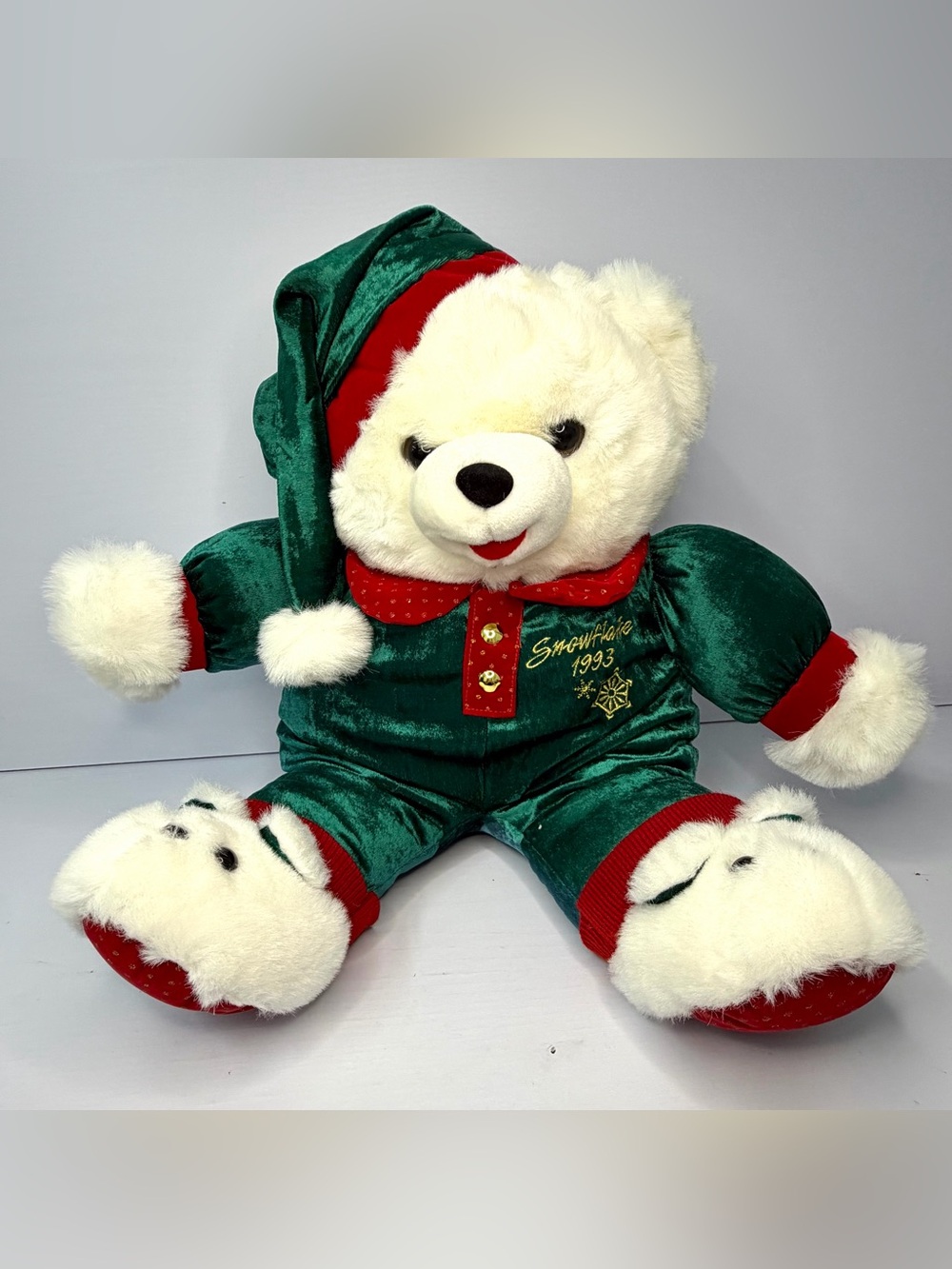 Vintage 1993 Snowflake Christmas Teddy Bear Green Velvet Elf Hat Plush 22”